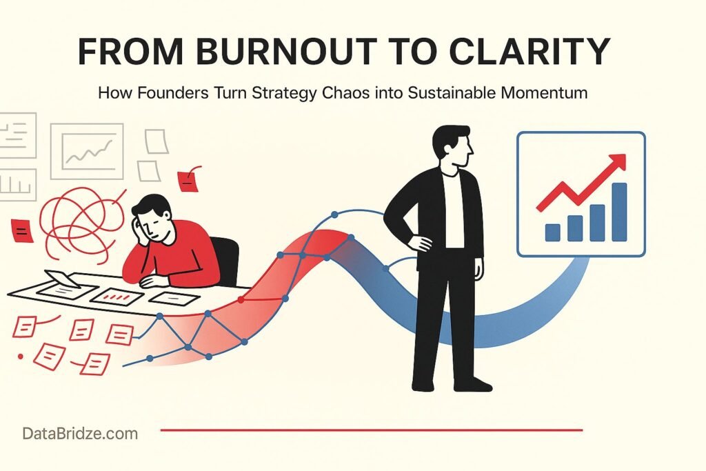 Minimalist flat-style illustration of a founder moving from chaotic red workspace to calm blue clarity zone, symbolizing DataBridze’s AI-assisted consulting.