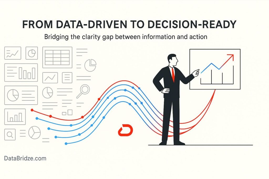 Minimalist flat-style editorial illustration showing a red-to-blue data bridge connecting complex dashboards to a consultant pointing at a clear chart, symbolizing DataBridze’s clarity-driven consulting.
