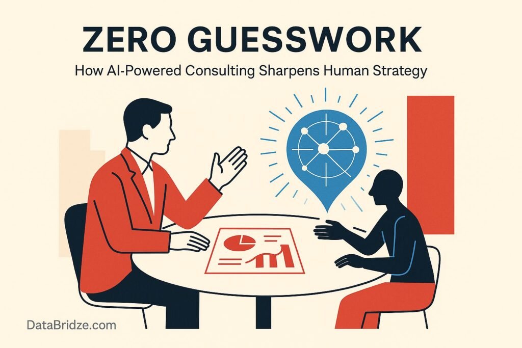 Human and AI consultant working together in a minimalist DataBridze-themed illustration symbolizing clarity and strategy.